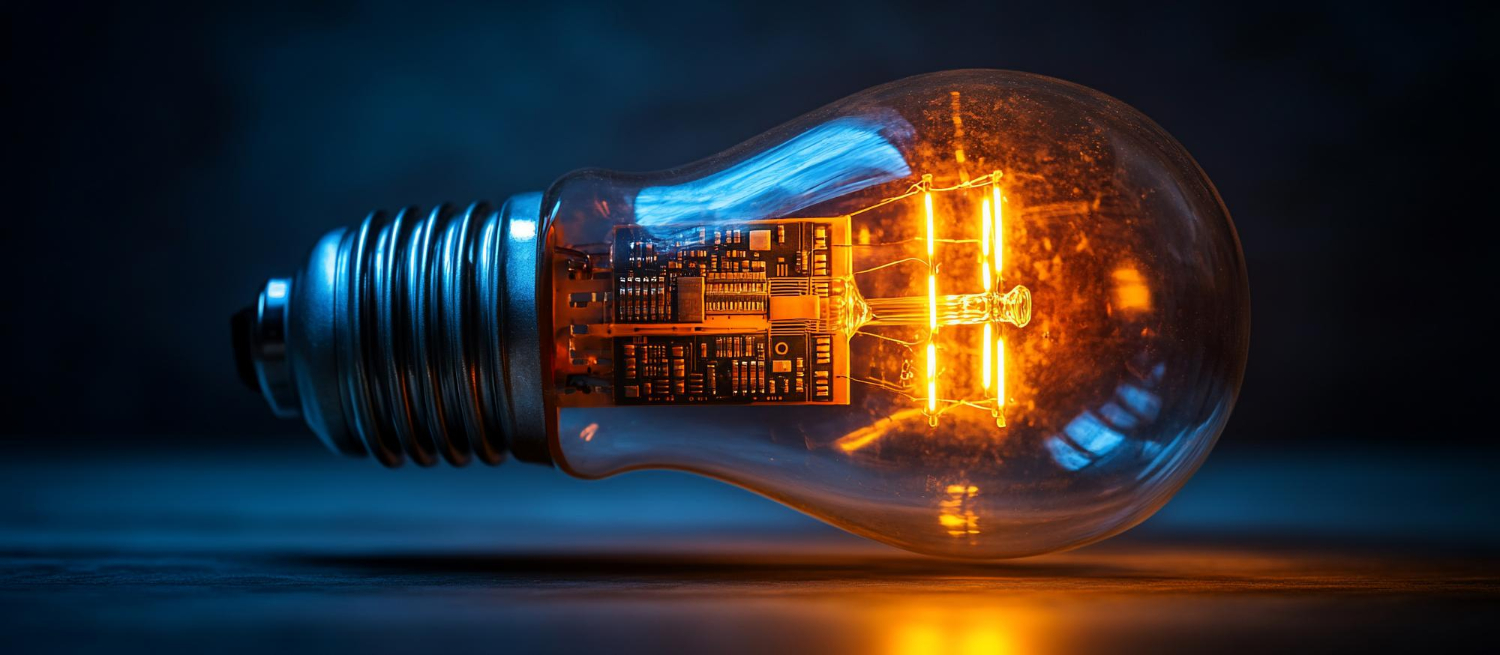 Ampoule allumée contenant un circuit électronique représentant une installation électrique moderne et performante